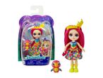 A small Rainbow High doll with a colorful outfit and matching pet in its packaging.