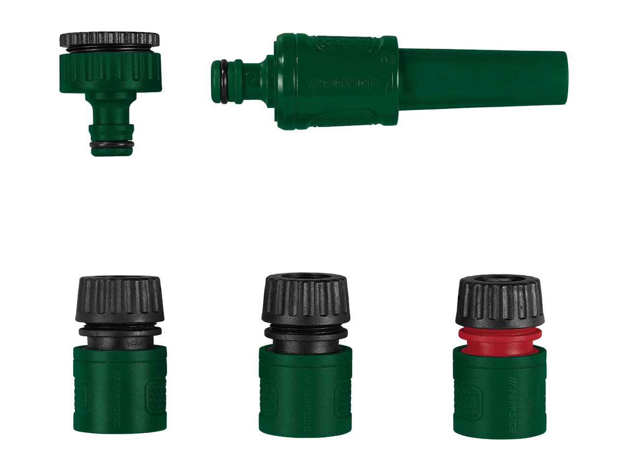 A set of green and black garden hose connectors and a spray nozzle.