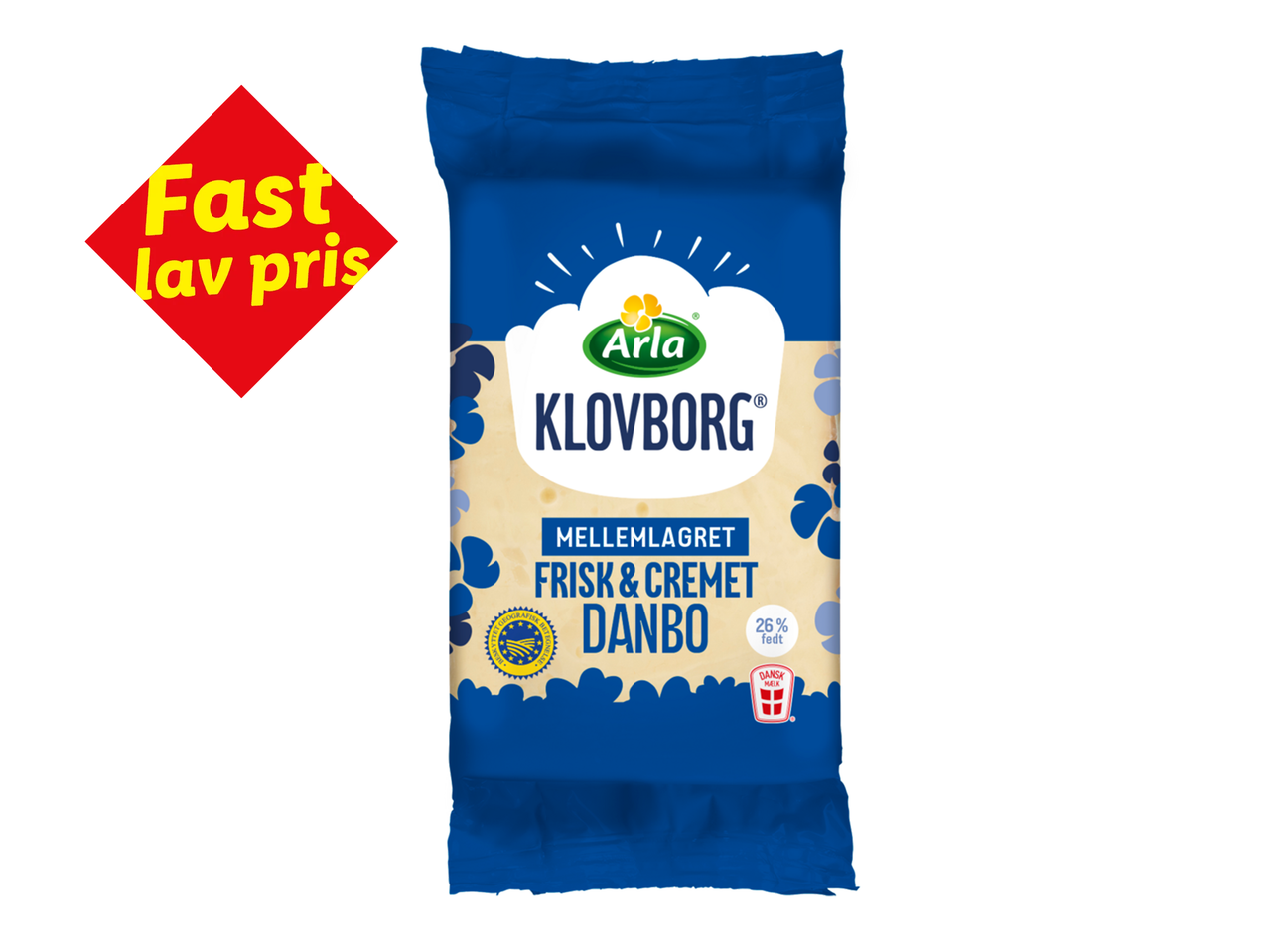 Ost i emballage med teksten 'Fast lav pris'.