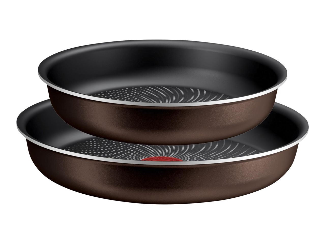 Two dark brown frying pans with black non-stick interiors, stacked on top of each other.