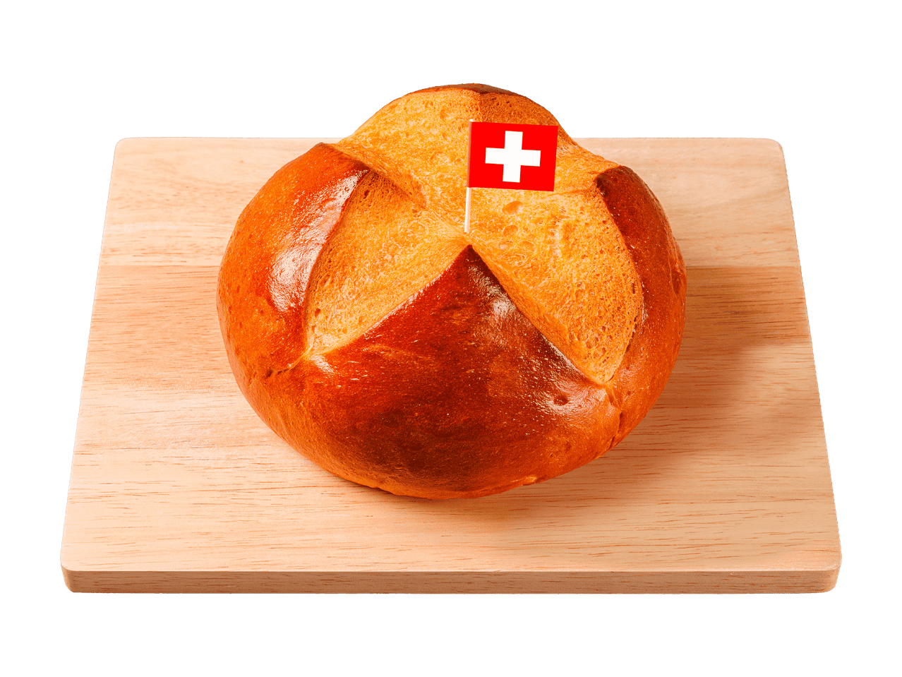 Un petit pain suisse doré sur une planche à découper en bois.