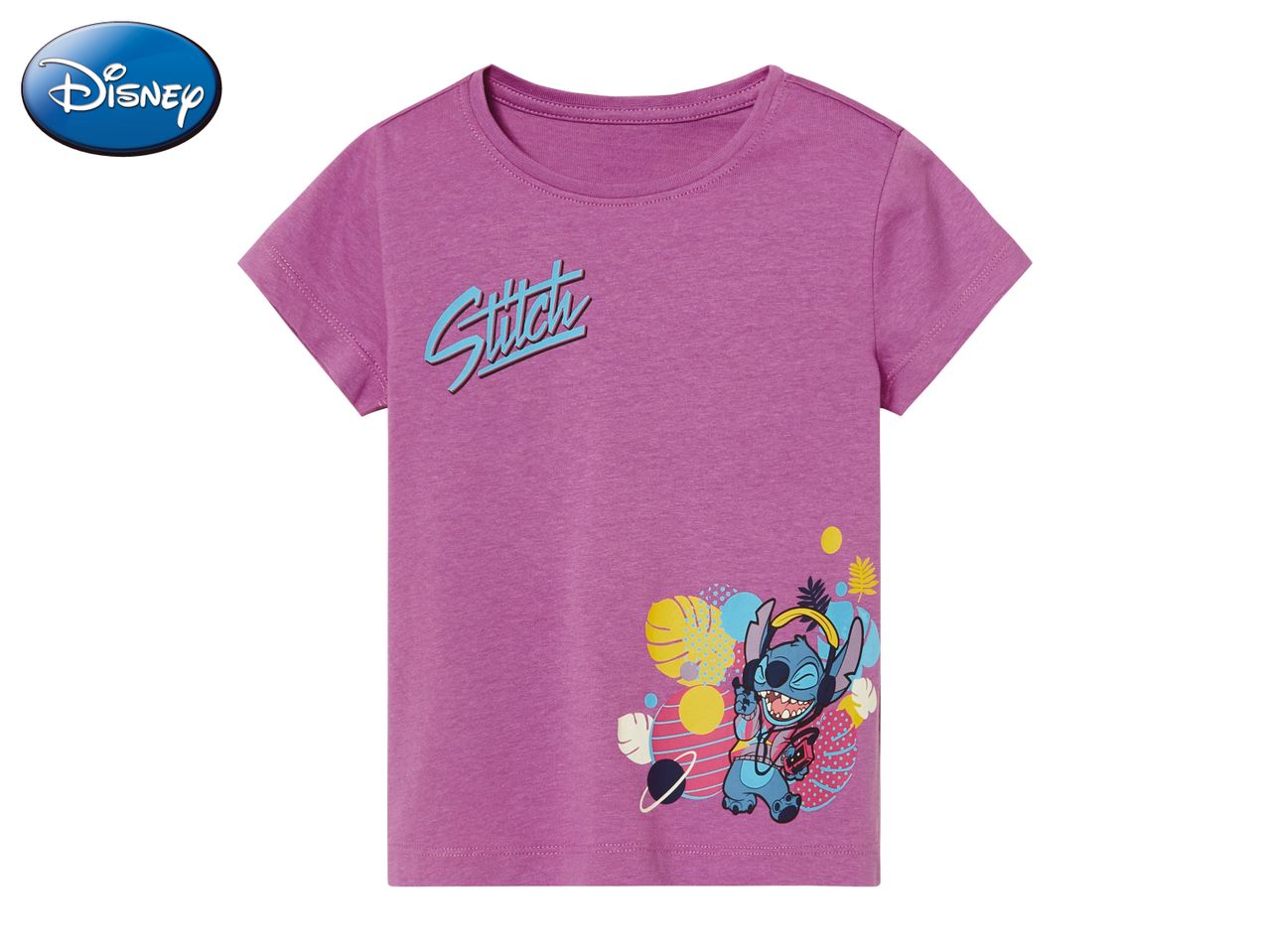 Purple Disney Stitch girls' t-shirt with graphic design.