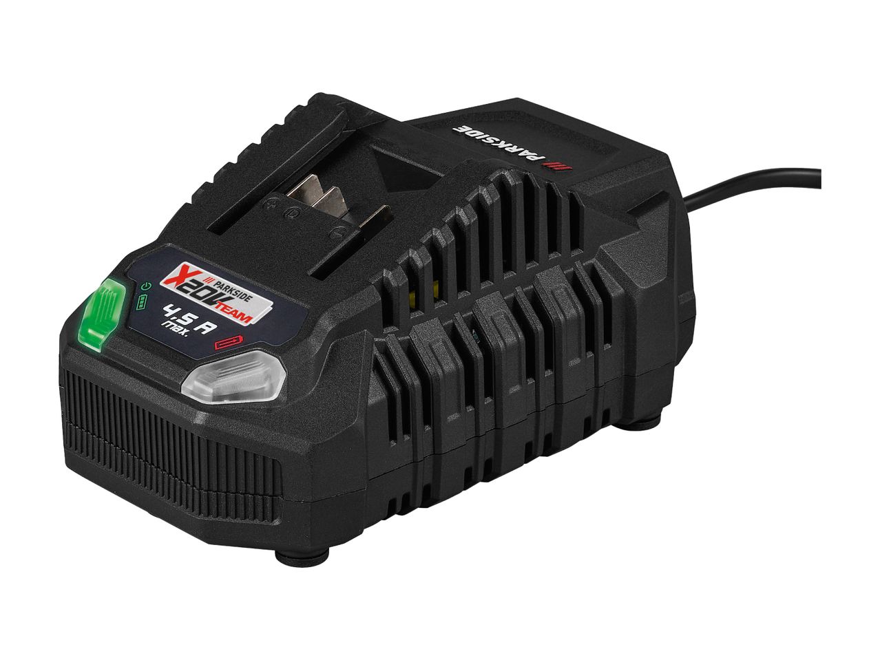 Black power tool battery charger with a green indicator light and a 4.5 A max rating.