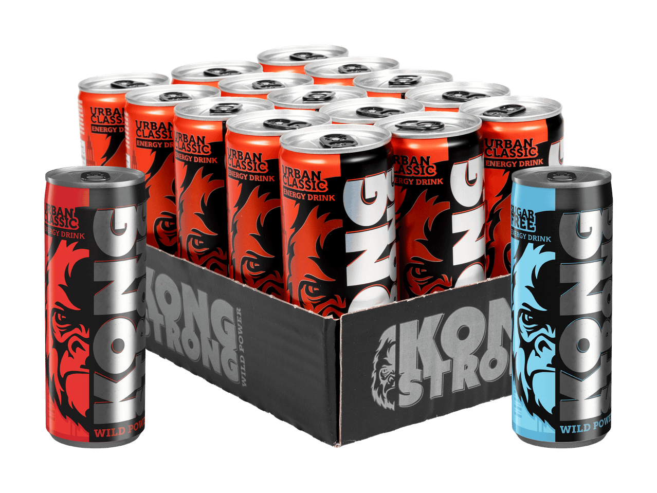 Karton mit Energydrinks in Rot und Schwarz, einer davon zuckerfrei in Blau und Schwarz.