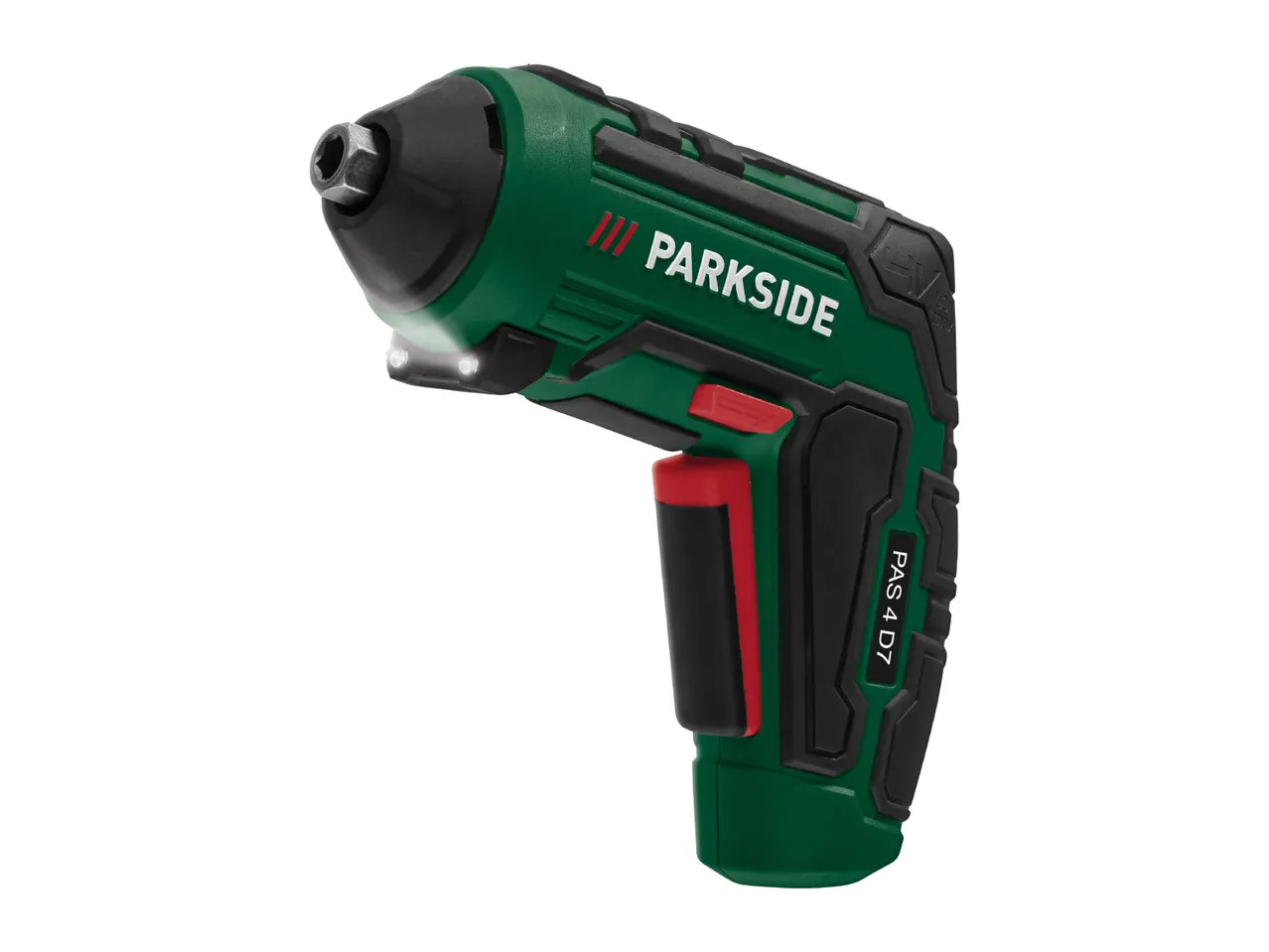 A green and black Parkside PAS 4 D7 cordless screwdriver with a red trigger.