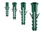Four green plastic wall plugs of varying sizes, arranged diagonally.