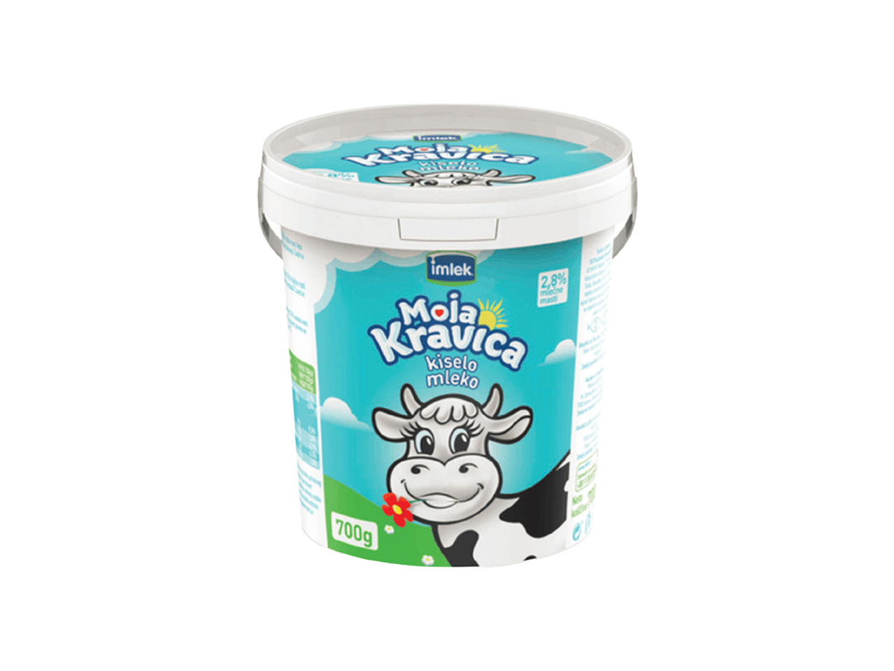 Kanta kiselog mleka sa ilustracijom krave i natpisom 'Moja Kravica kiselo mleko'.