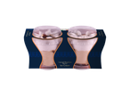 Dois gelados de caramelo macchiato em copos transparentes numa embalagem azul-escura.