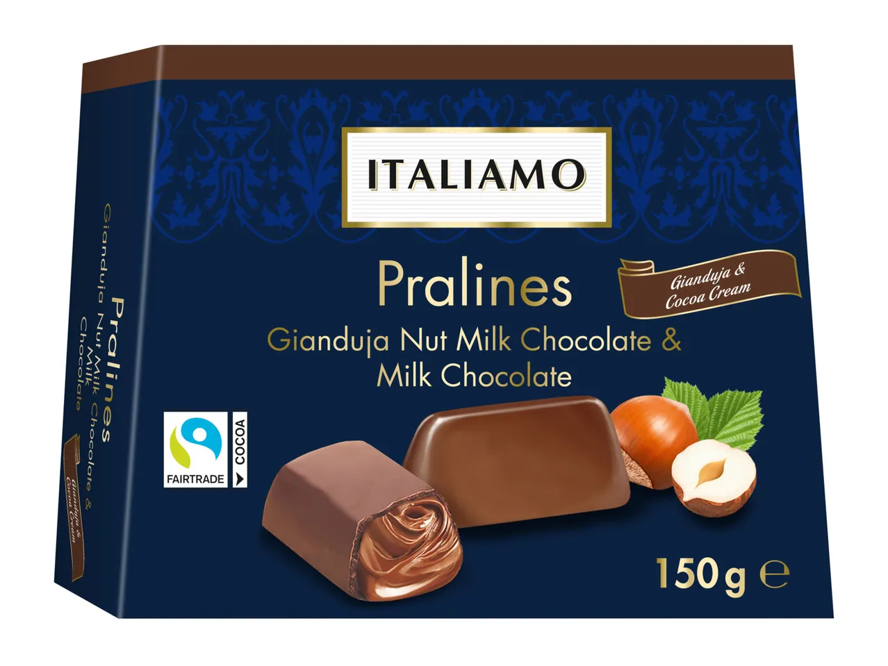 A box of Italiamo Pralines with Gianduja Nut Milk Chocolate & Milk Chocolate, 150g.