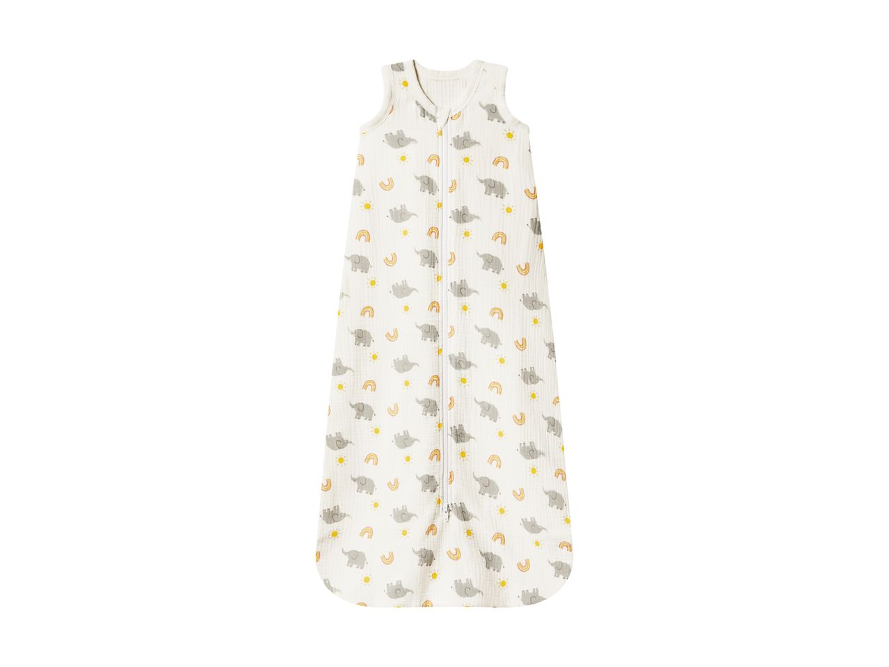 Baby sleeping bag with elephant, rainbow, and sun patterns on a white background.