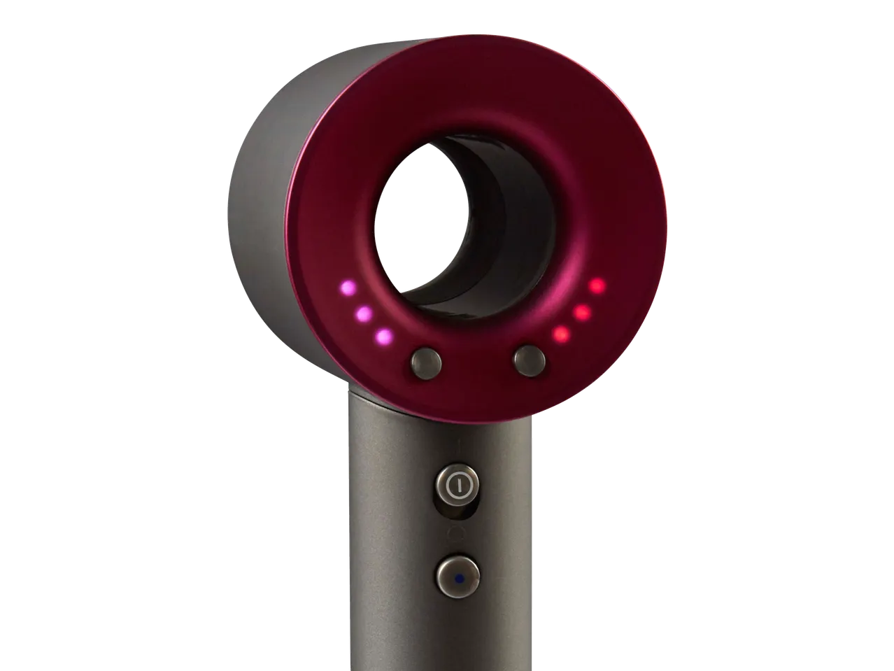 Raudonas ir pilkas plaukų džiovintuvas su šviečiančiais indikatoriais.