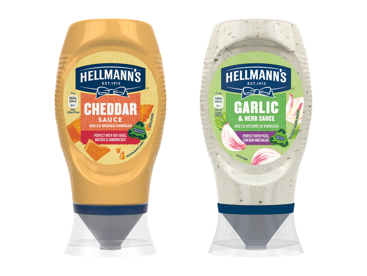 Două sticle de sos, una cu brânză cheddar și una cu usturoi și verdeață.