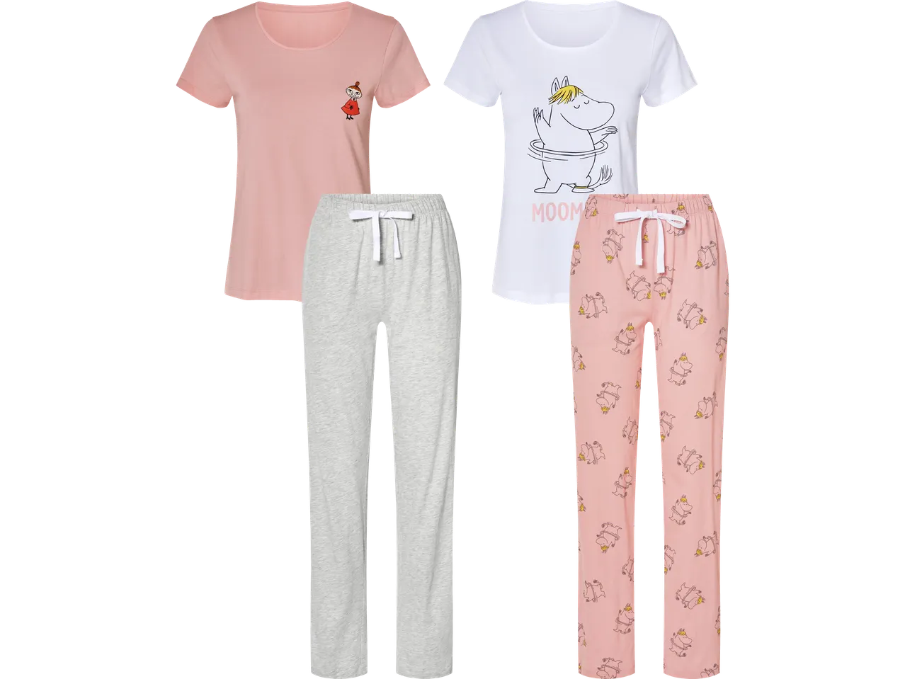 Två set med Mumin-pyjamas, en rosa med grå byxor och en vit med rosa mönstrade byxor.