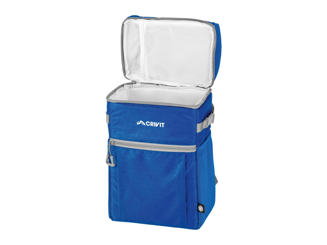 CRIVIT Cooler Bag Backpack, open with a mesh pocket in the lid, showing its blue hexagonal pattern