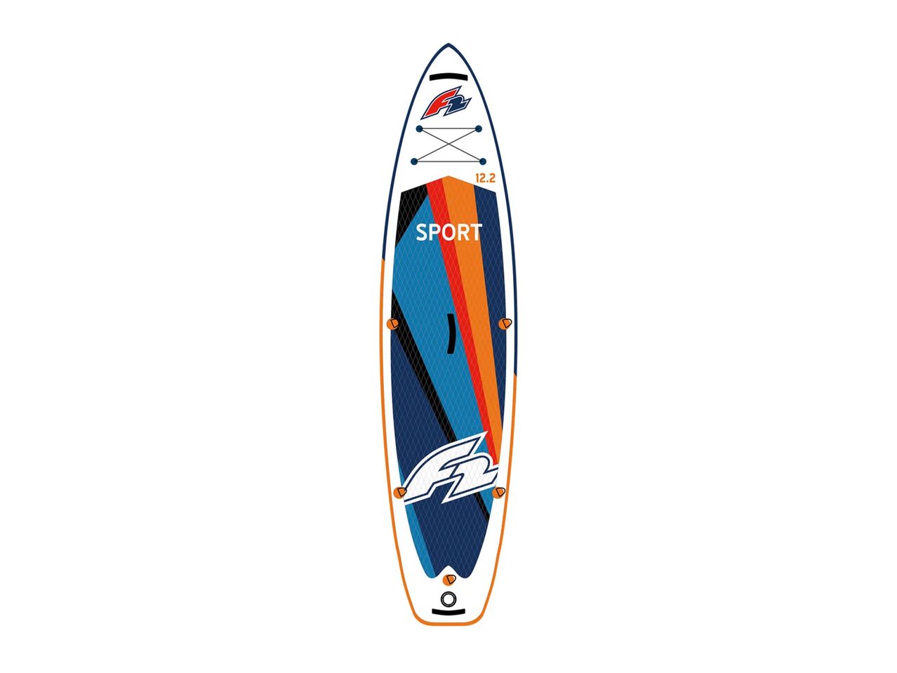 Blau-orangefarbenes F2 Sport Stand-Up-Paddleboard mit 12.2-Aufschrift