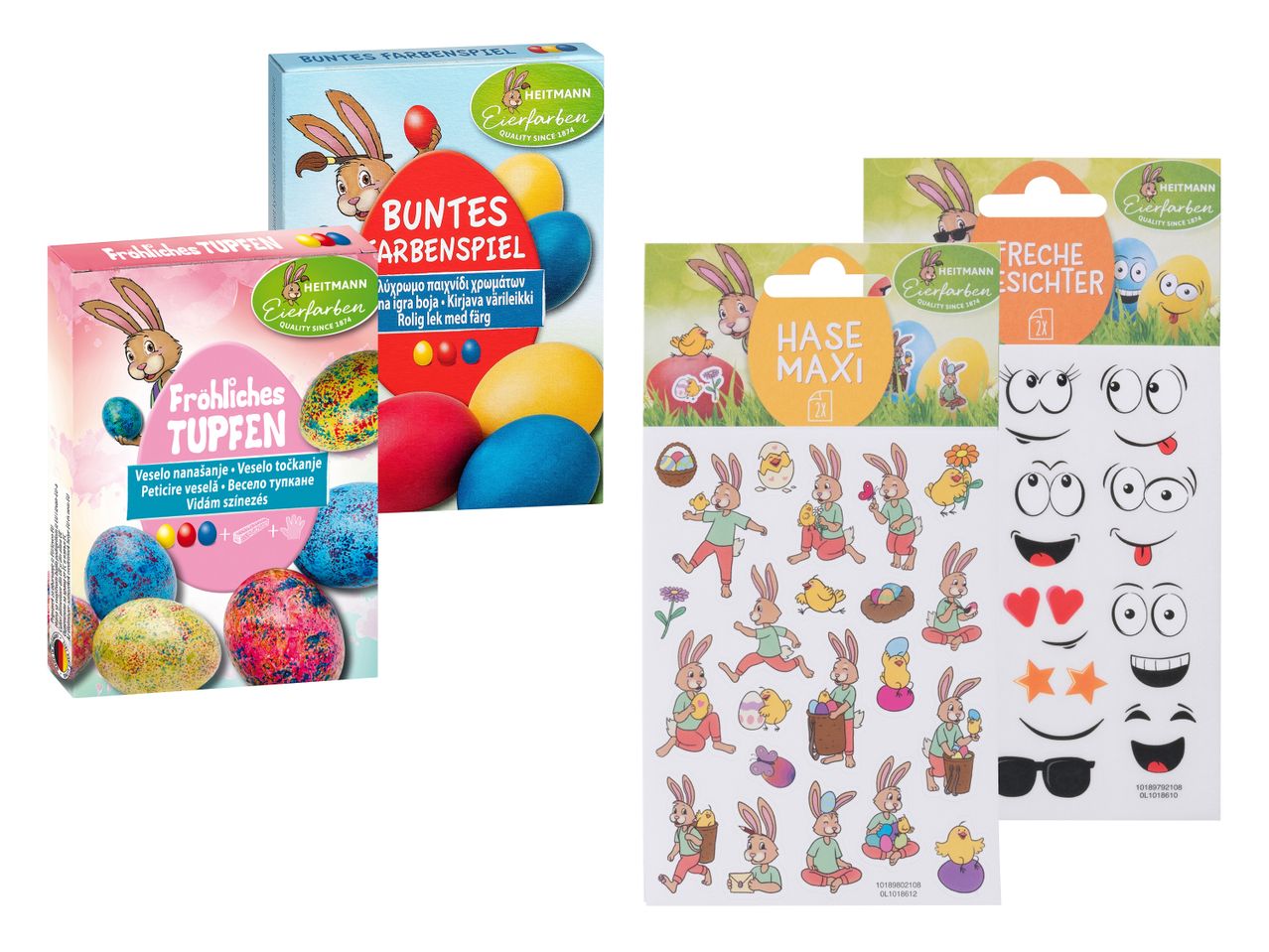 Osterhasen-Eierfarben-Sets mit Tupfen, Farbenspiel und Hasen-Maxi-Aufklebern