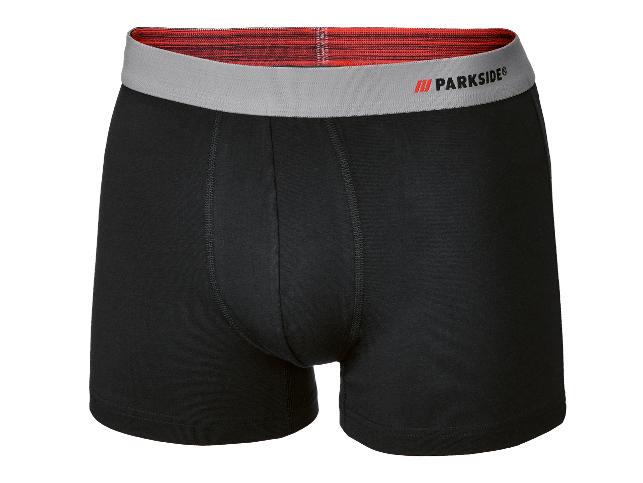 Boxer noir pour homme avec ceinture grise et motif rouge, coutures apparentes.