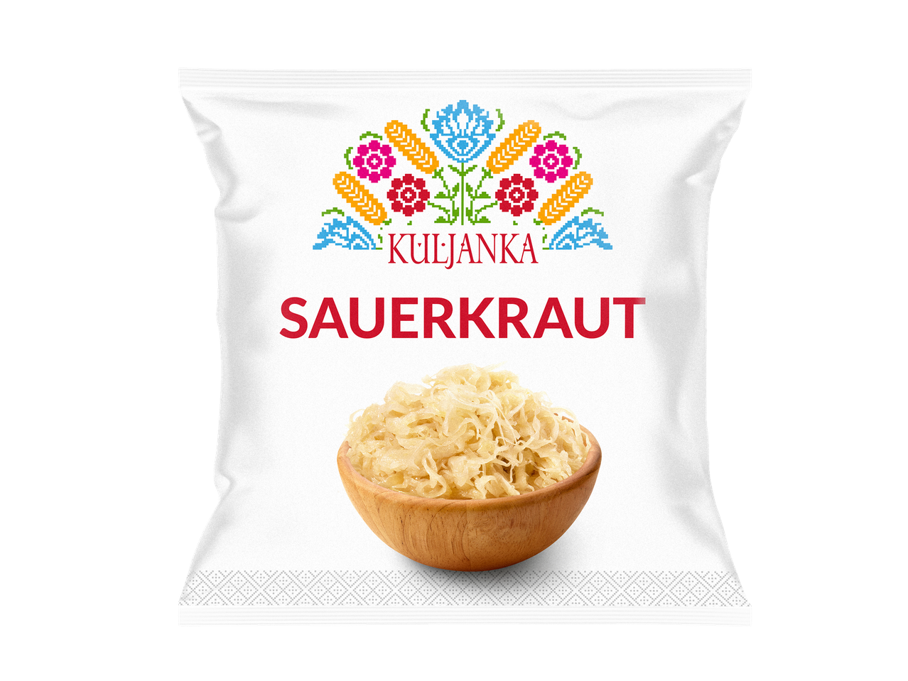 A white bag of Kuljanka Sauerkraut with a wooden bowl of sauerkraut on the front.