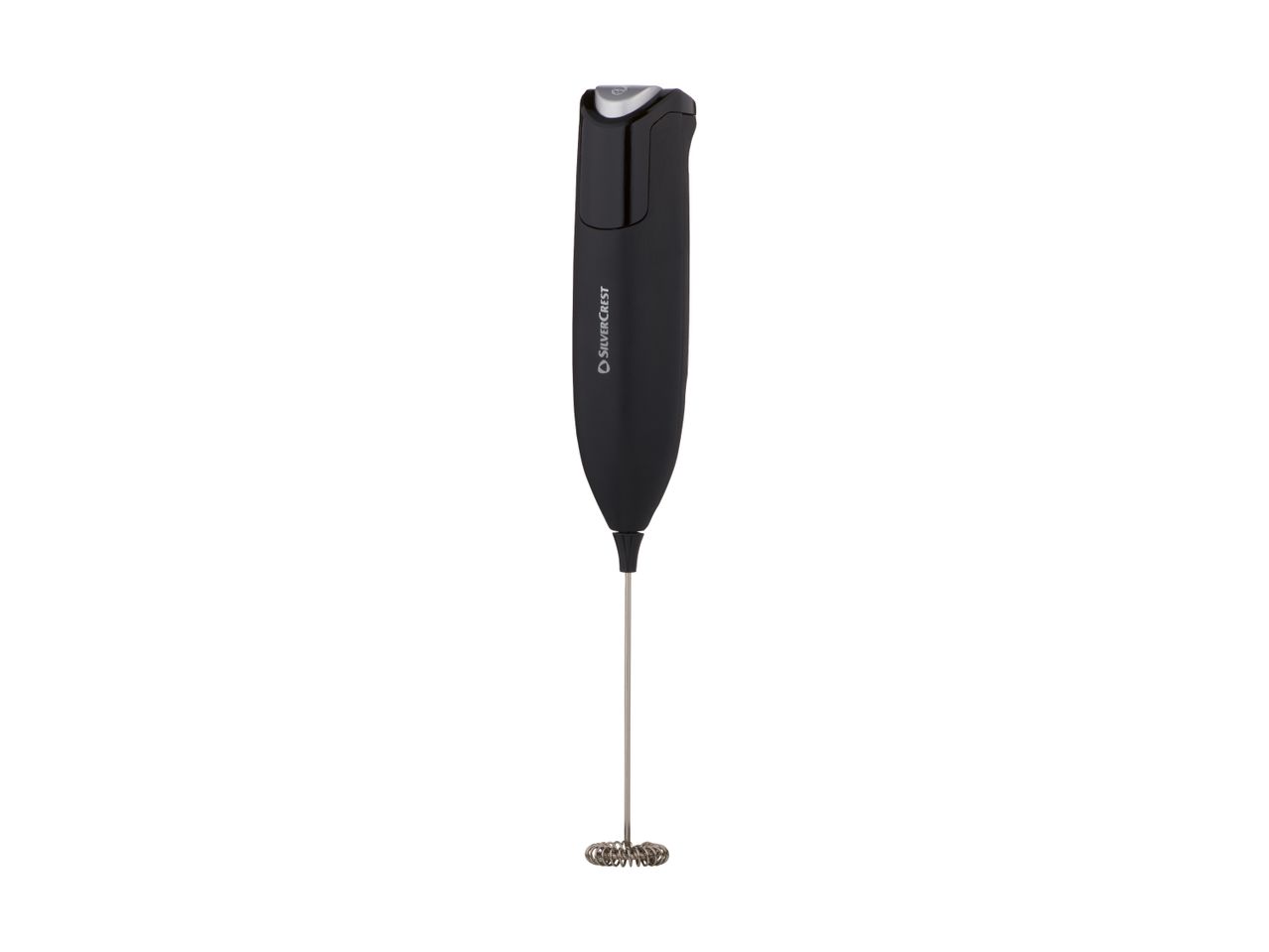Black handheld milk frother with a silver whisk on a white background.