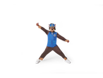 Child in a Paw Patrol Chase costume with a blue vest and brown jumpsuit