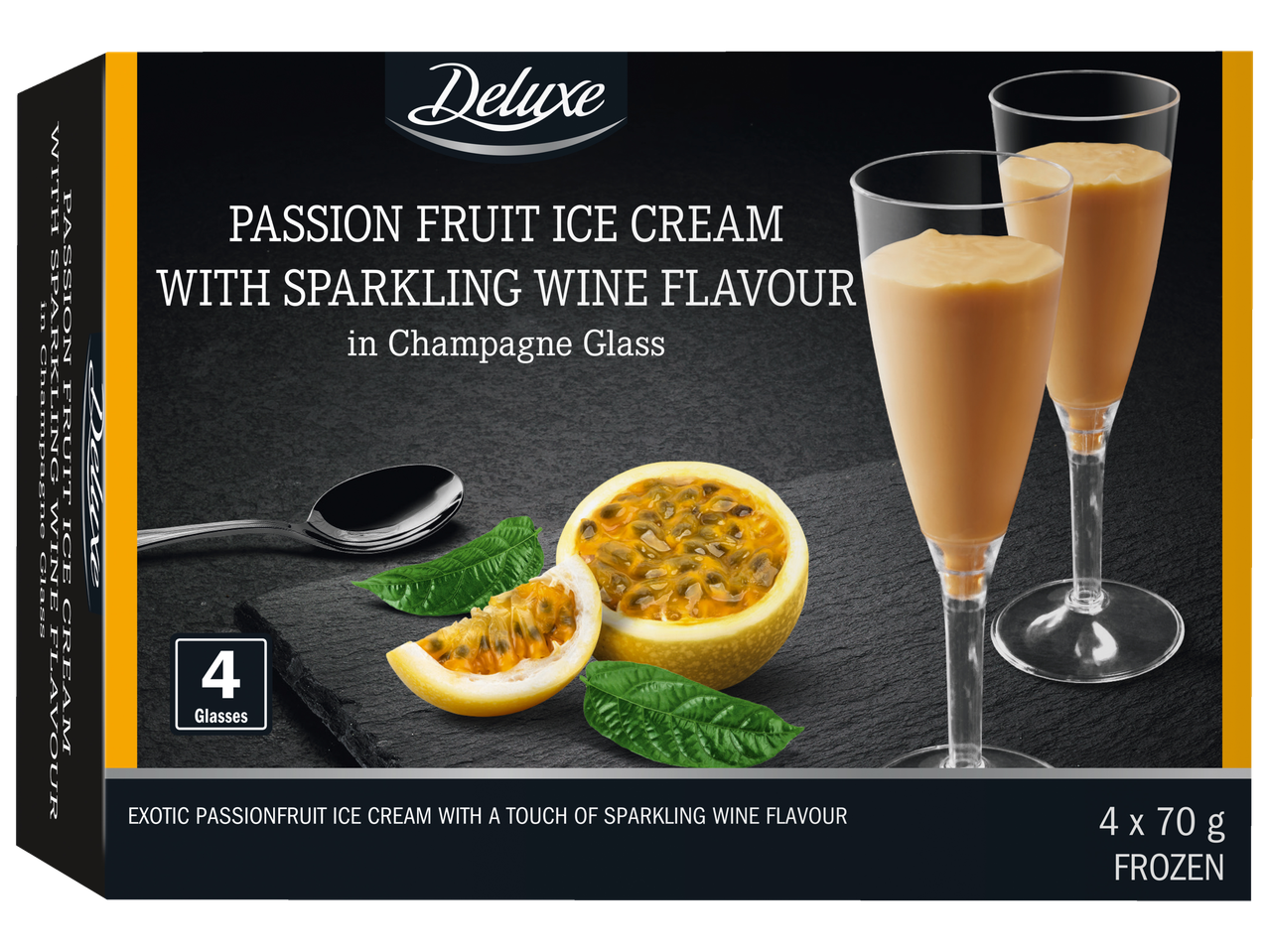 Deluxe Înghețată de fructul pasiunii cu aromă de vin spumant în pahar de șampanie, 4 x 70g.