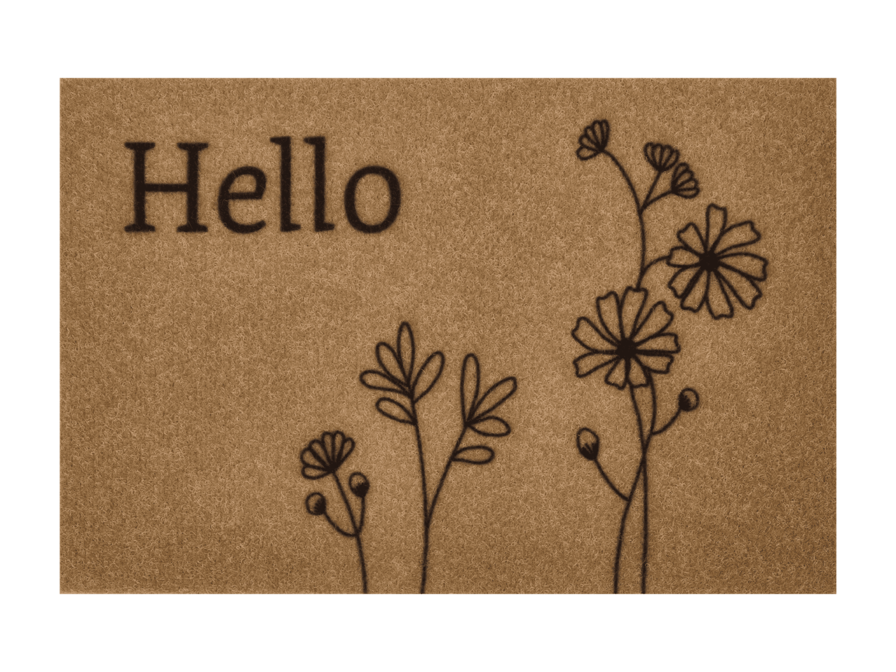 Brun dørmåtte med teksten 'Hello' og blomsterdesign.