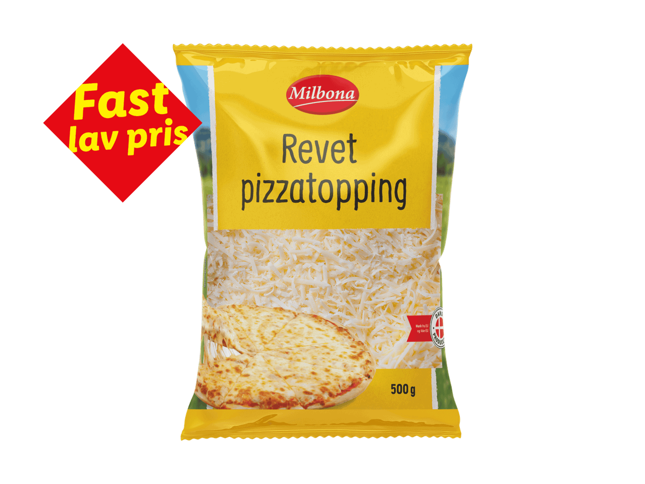 Revet pizzatopping i en gul pose med et billede af en pizza og teksten 'Fast lav pris'.