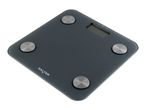 Dark grey square bathroom scale with a digital display and four silver circular sensors.
