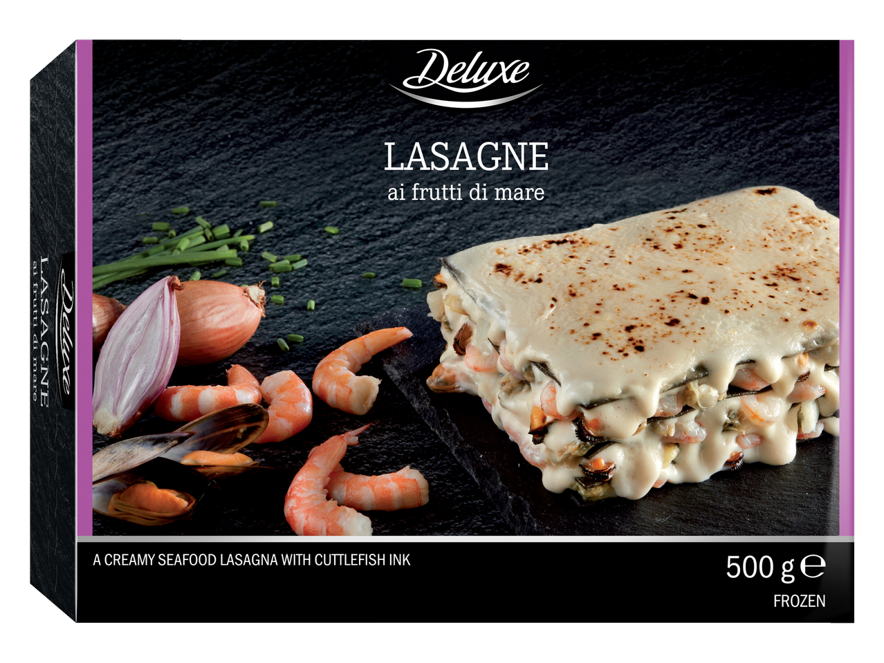 Lasagna cremosa de frutos do mar com tinta de choco Deluxe, 500g, congelada.