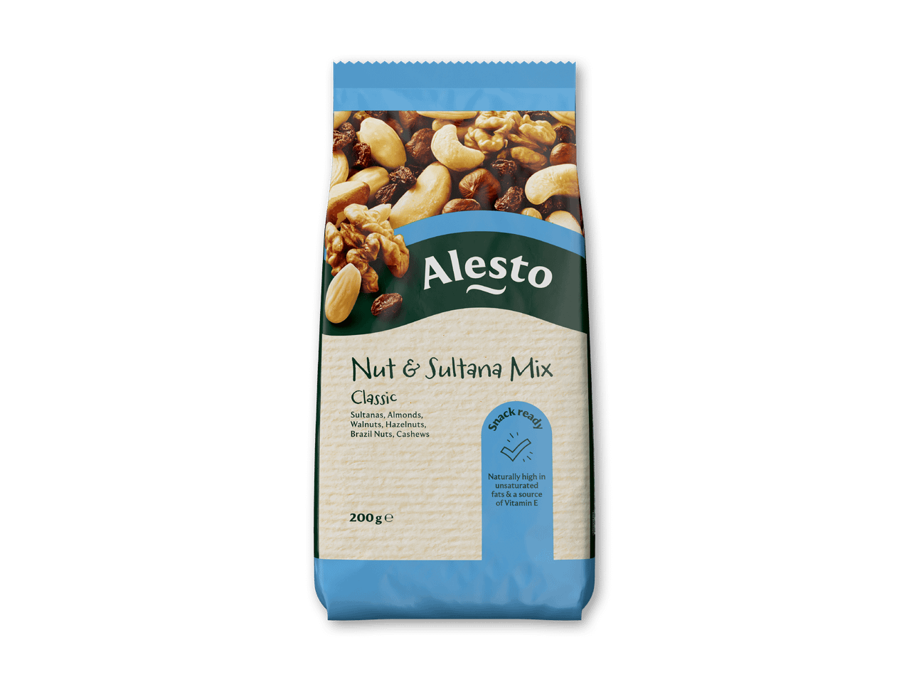 En pose nødde- og rosinblanding med sultanaer, mandler, valnødder, hasselnødder, paranødder og cashewnødder.