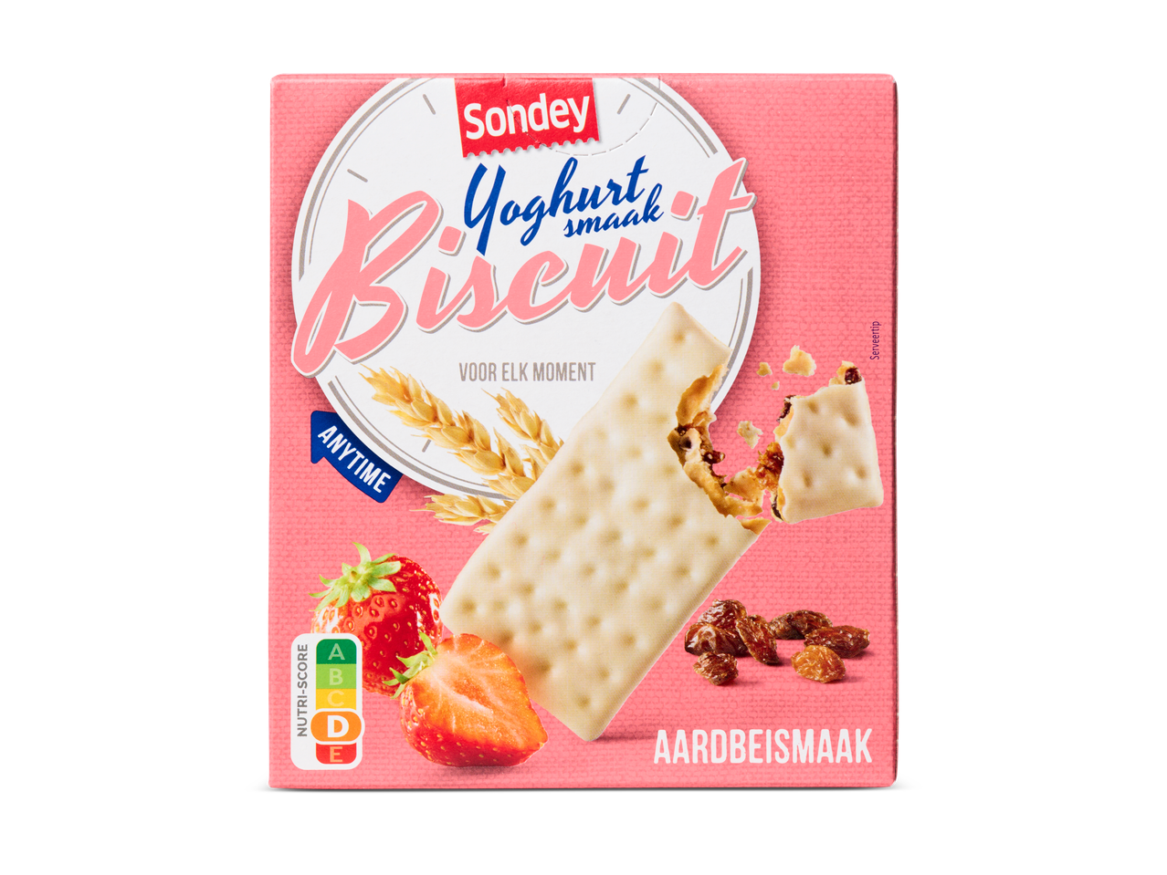 Sondey yoghurt biscuits met aardbeien en rozijnen.