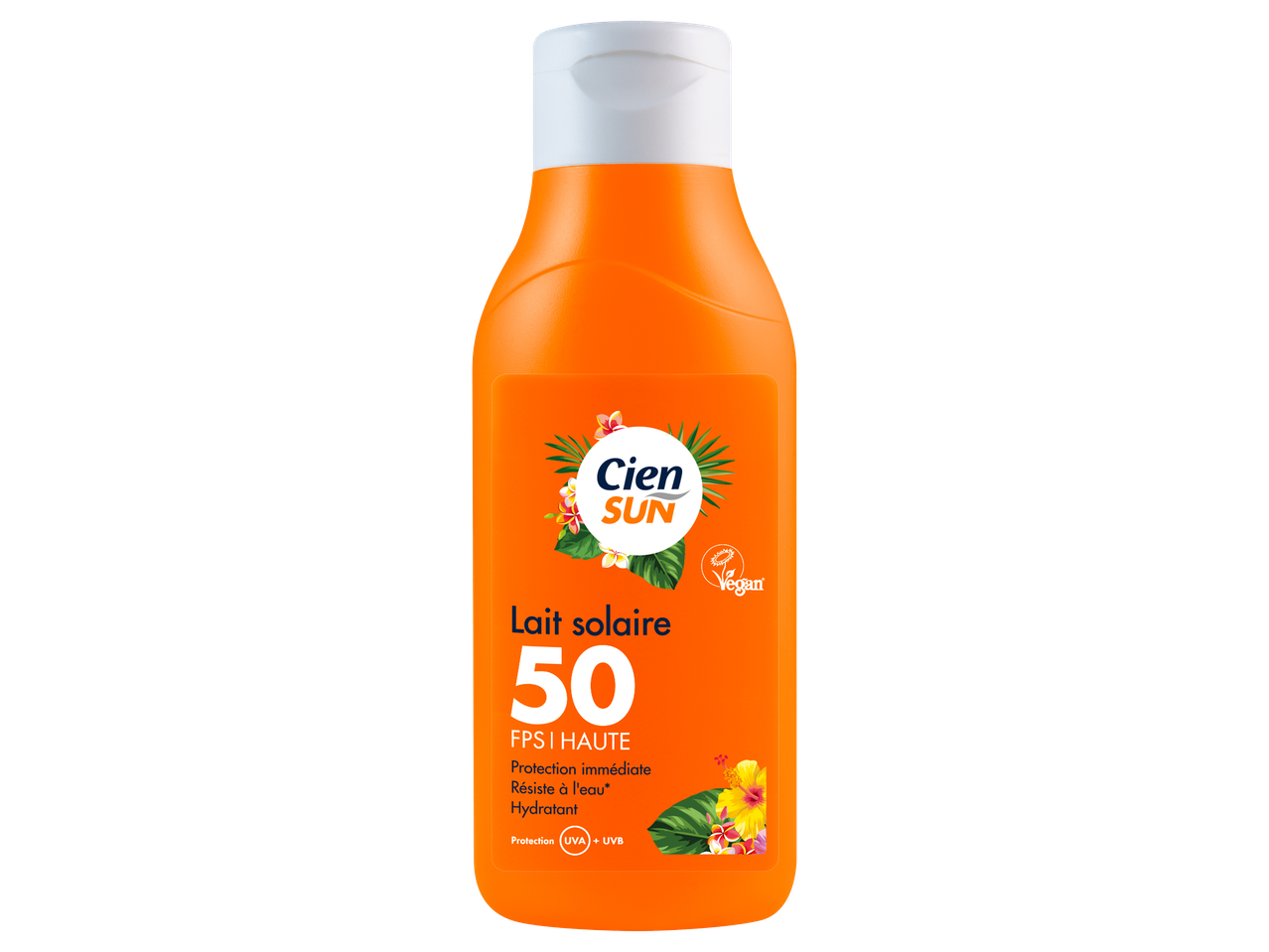 Bouteille de lait solaire orange avec FPS 50, protection UVA + UVB, résistant à l'eau et hydratant.