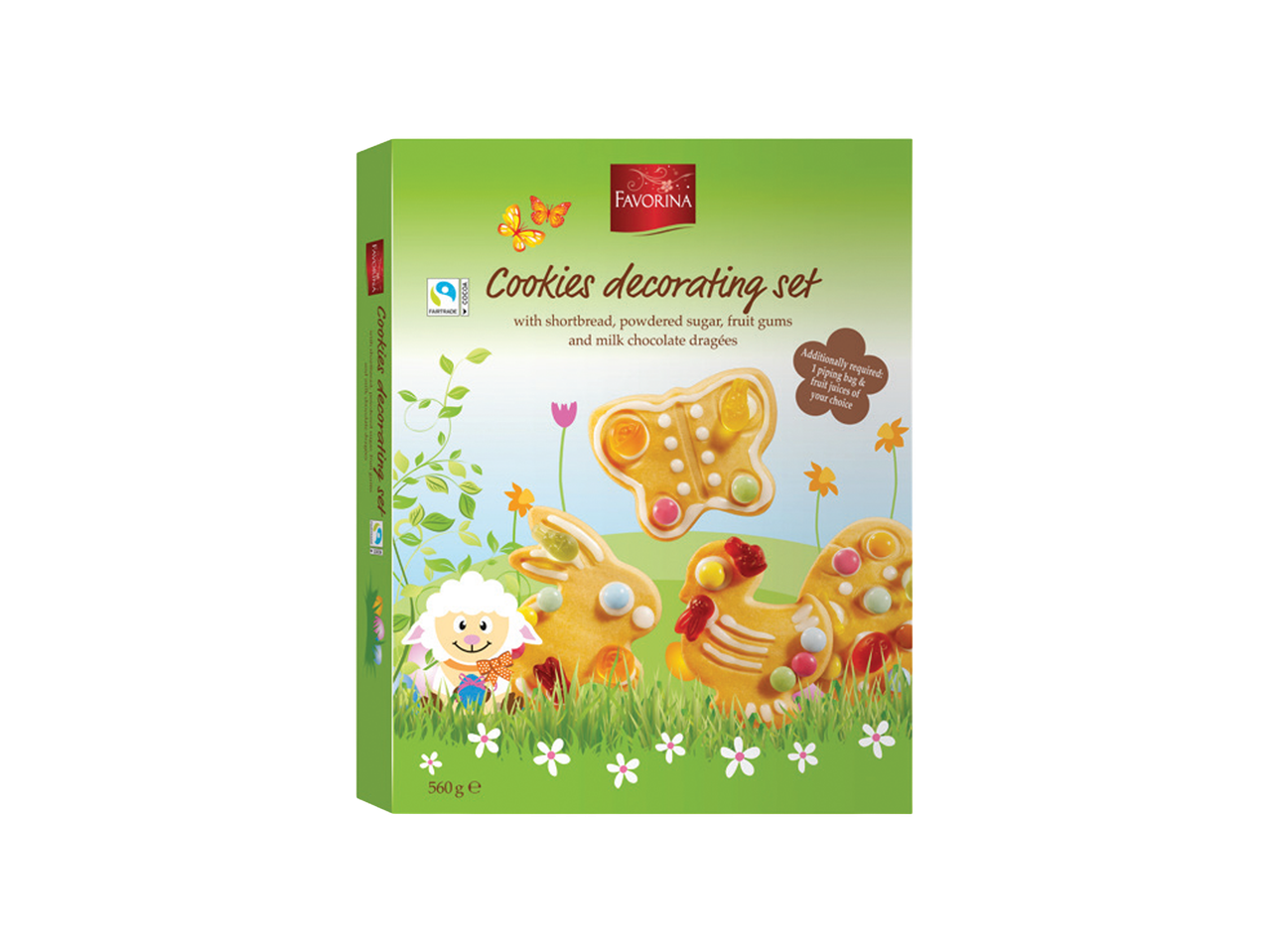 Kutija za ukrašavanje kolačića sa uskršnjim motivima, uključujući zeca, pile i leptira.