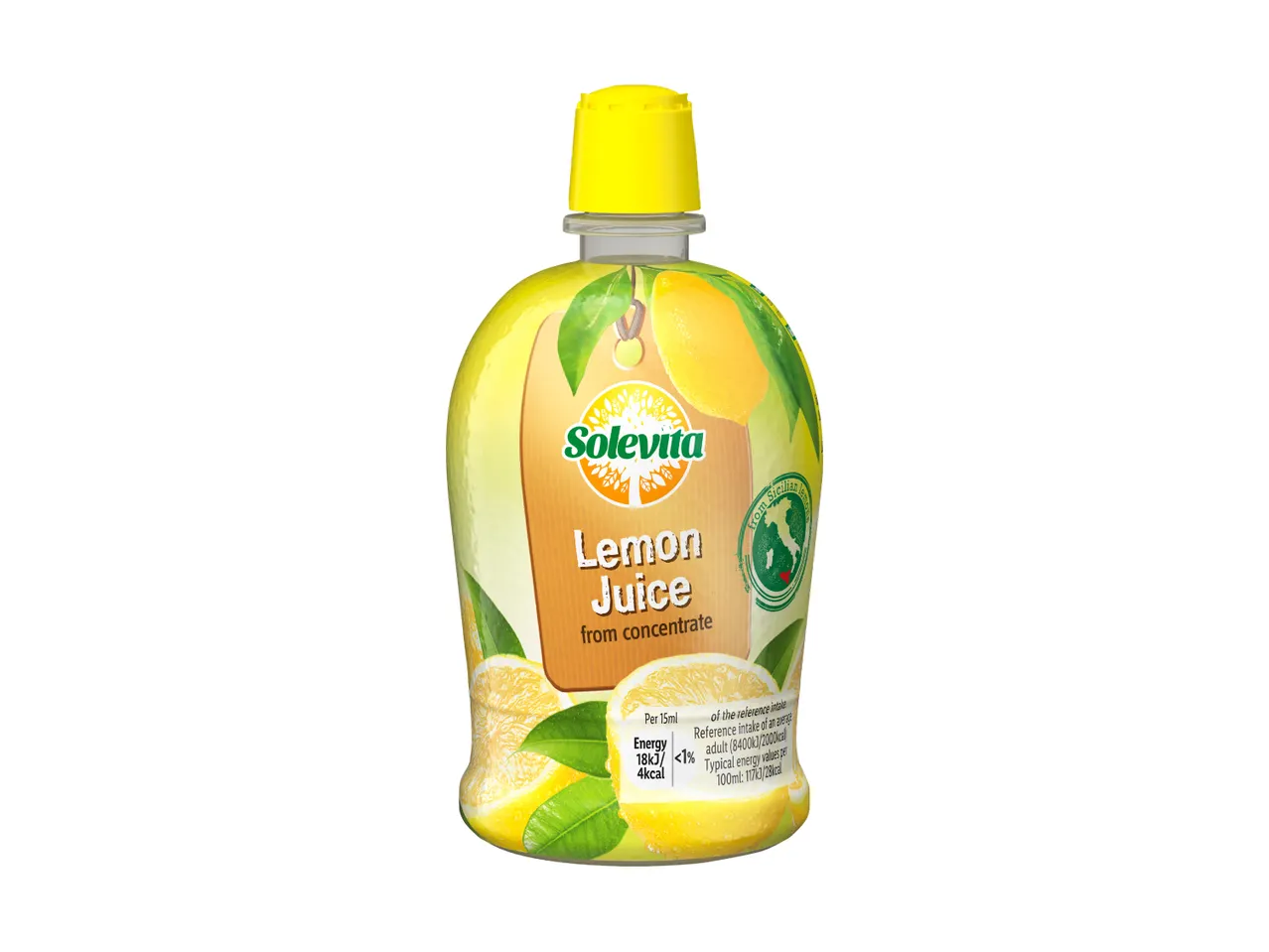 Lemon juice from concentrate bottle with a yellow cap and lemon illustrations.