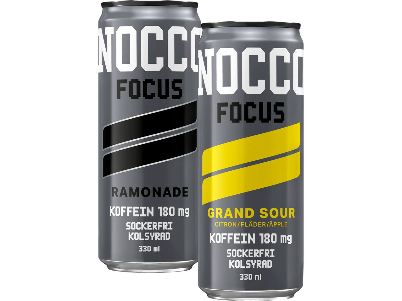 Två NOCCO Focus-burkar, en Rammonade och en Grand Sour, med 180 mg koffein och sockerfri.