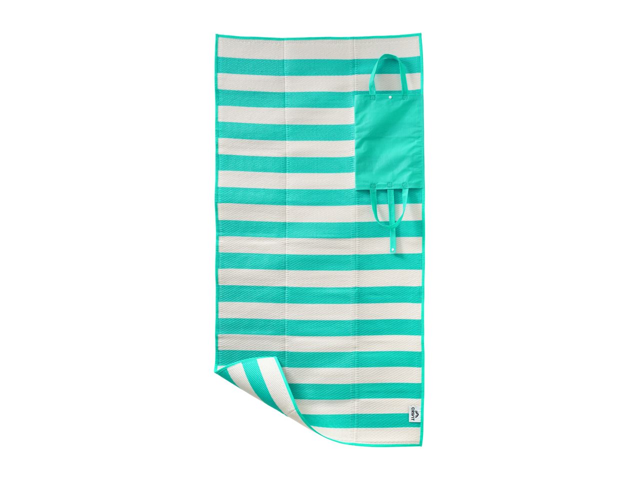 Striped beach mat in white and turquoise with an integrated carrying bag.