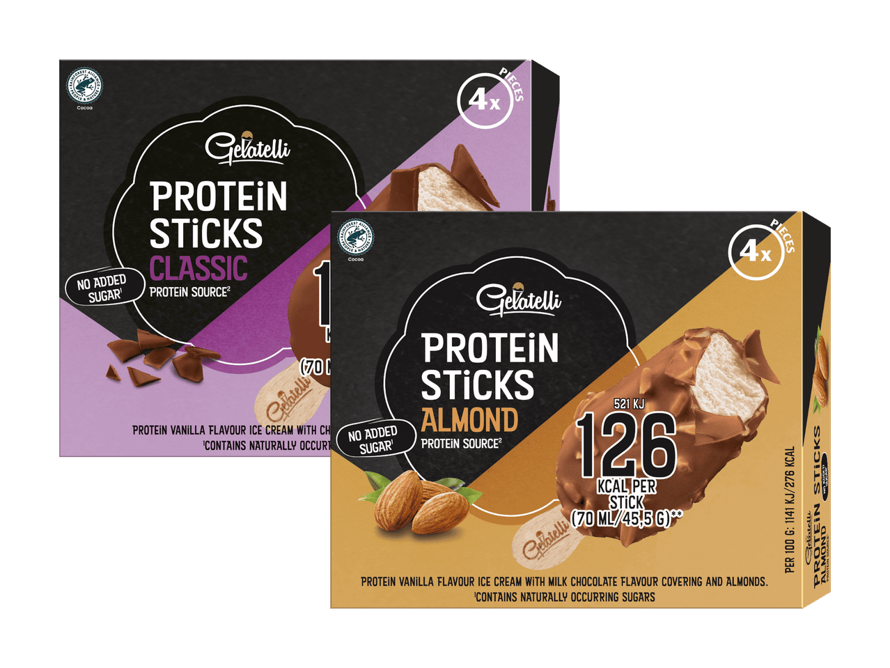 Zwei Packungen OhSo Protein Sticks, Classic und Almond, sind abgebildet.