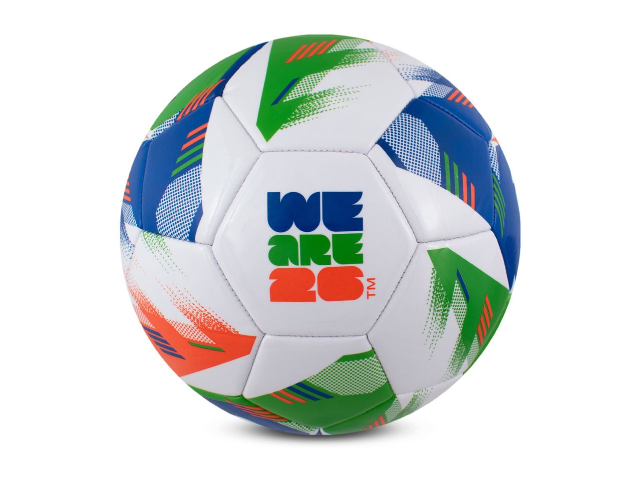 White, blue, green, and orange soccer ball with 'WE ARE 26' text.