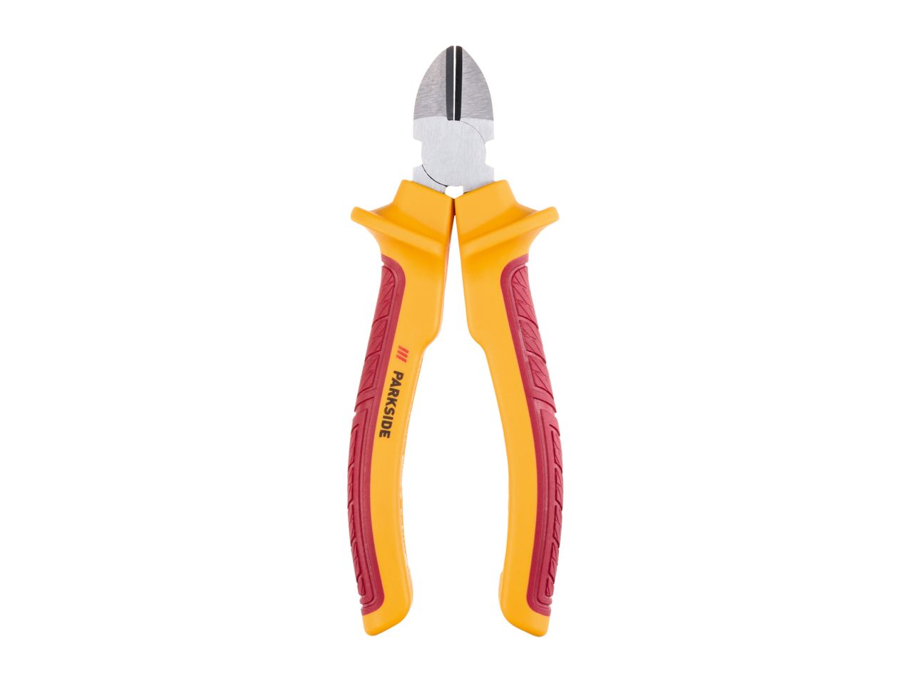 A pair of yellow and red diagonal cutting pliers with a textured grip.