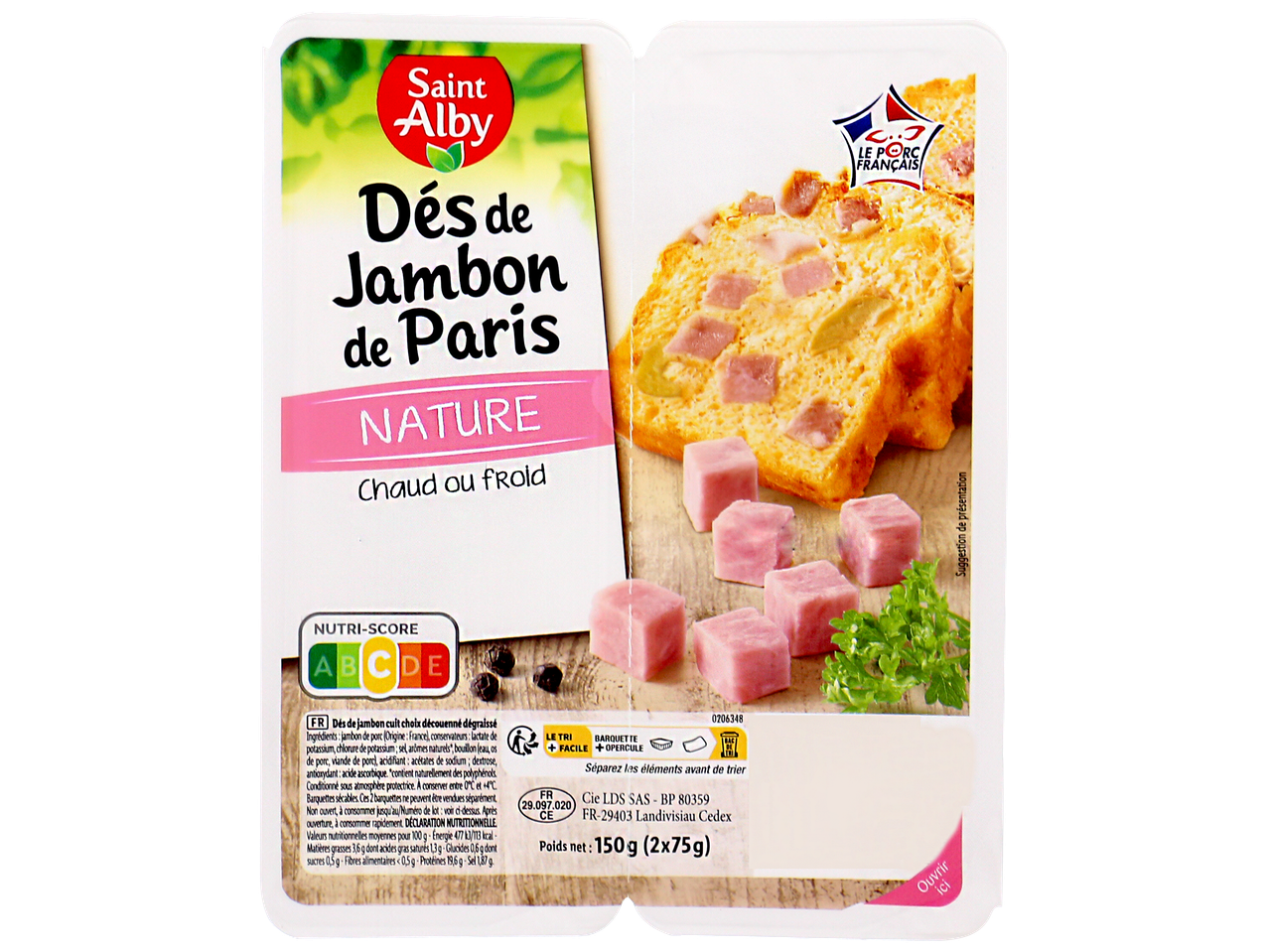 Paquet de dés de jambon de Paris, avec une suggestion de présentation d'un cake salé.