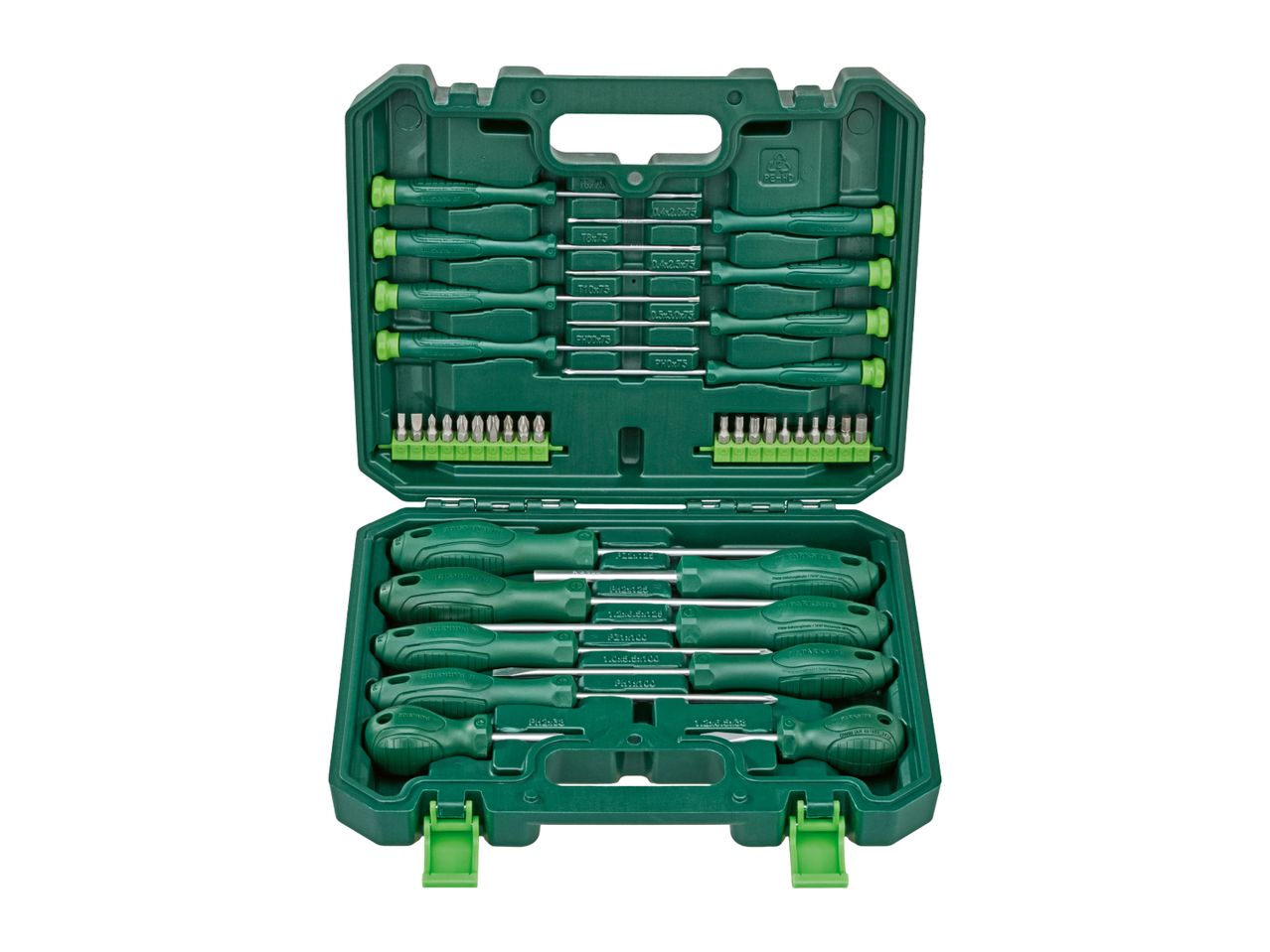 A green screwdriver set with various sizes and types of screwdrivers and bits, including Phillips and flathead.