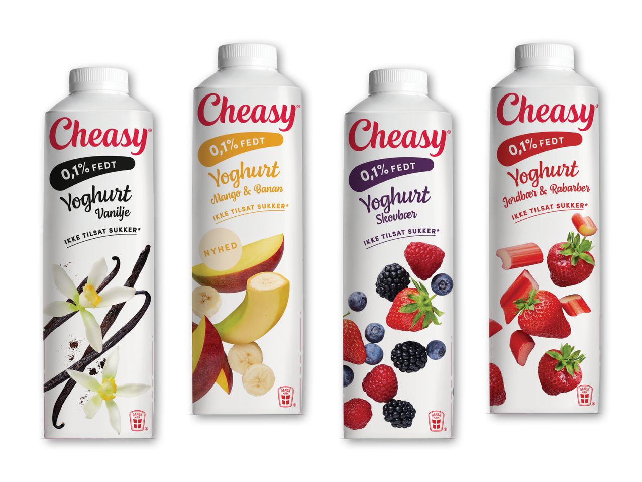 Fire forskellige smage af Choayg yoghurt.