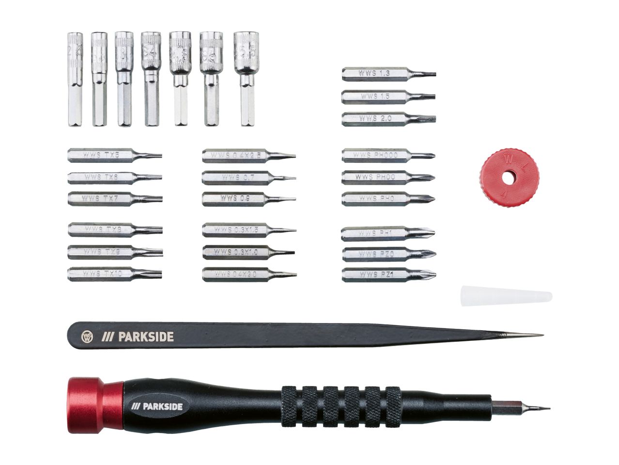 A set of precision screwdriver bits, including Torx, Phillips, Pozidriv, and flathead, with a handle and tweezers.