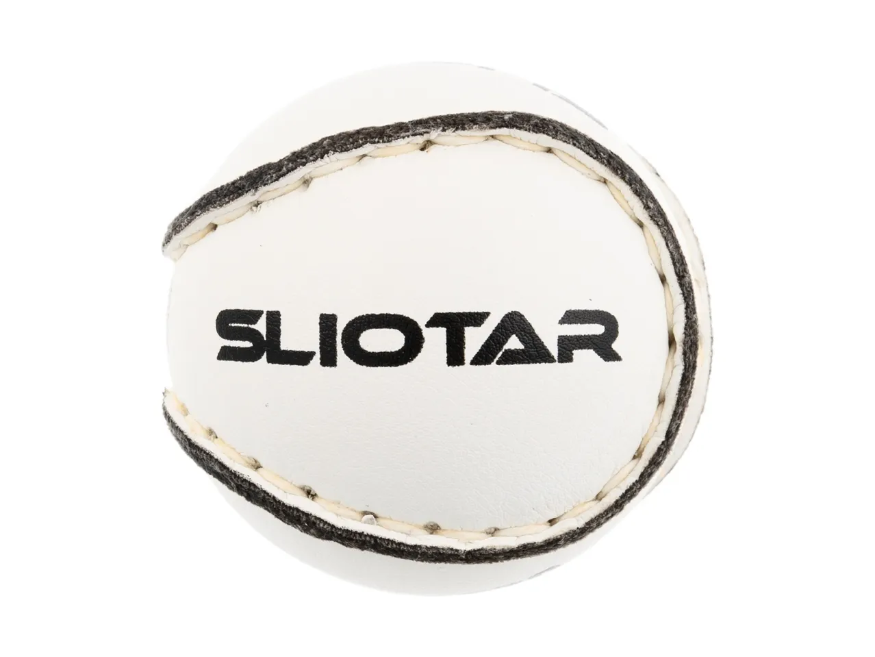 White hurling ball with black stitching and the word 'SLIOTAR' printed on it.