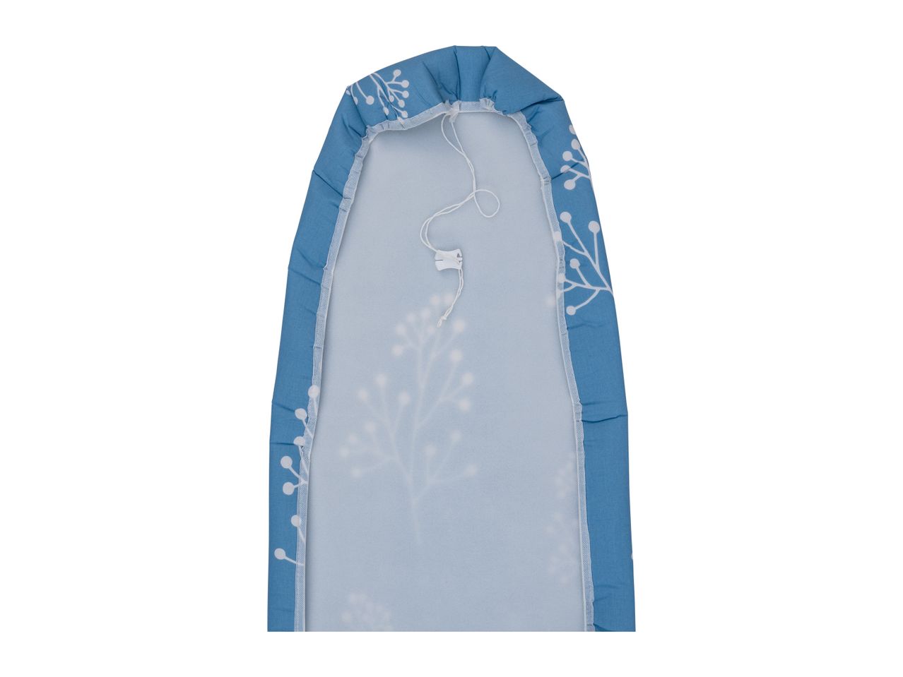 A light blue ironing board cover with a subtle pattern.