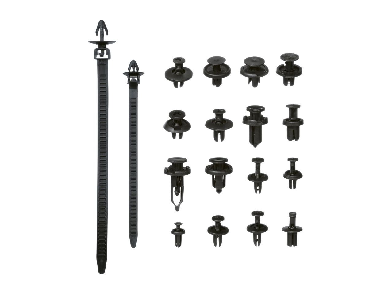 A collection of black cable ties and various plastic automotive clips and fasteners.