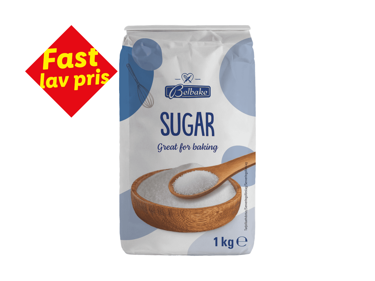 Hvid pose med sukker til bagning, med et rødt skilt der siger 'Fast lav pris'.