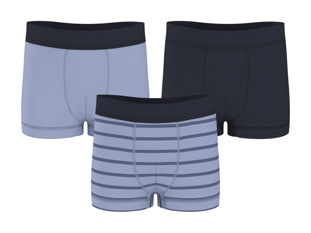 Tre par herreboxershorts: to ensfarvede i lyseblå og mørkeblå, og et stribet par.