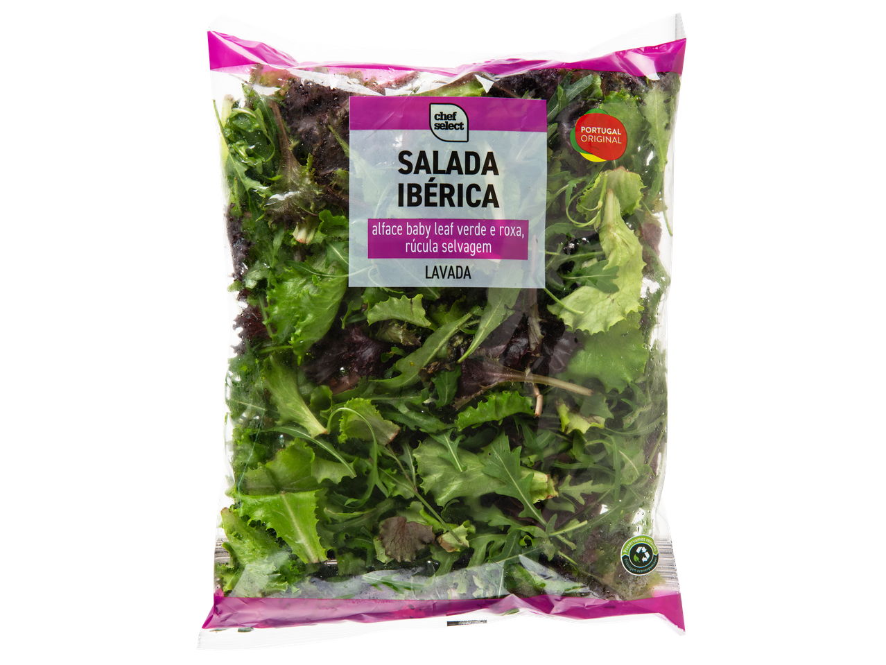 Chef Select Salada Ibérica, um saco de alface baby leaf verde e roxa lavada e rúcula selvagem.