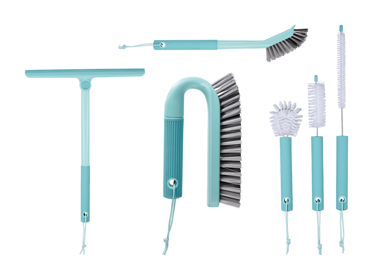 Türkises Bürsten- und Abzieherset für die Haushaltsreinigung.